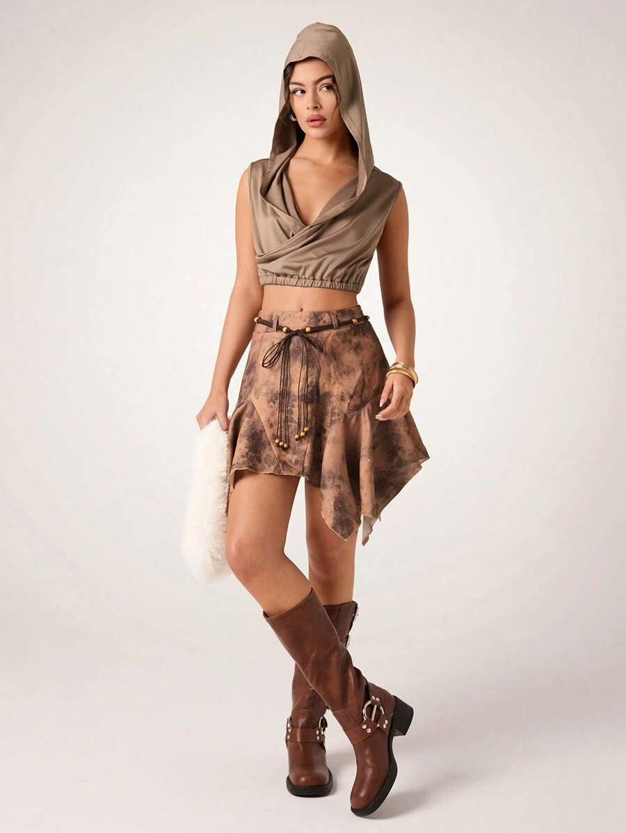 Glamine Women Short Casual Solid Color Knit Hooded Tank Top - Camel - View 1