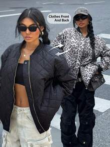 Muchica Dwustronny, dwustronny, ocieplany płaszcz baseballowy z nadrukiem w panterkę i jednolitym kolorem dla kobiet, jesień/zima - Czarne - Zobacz 1