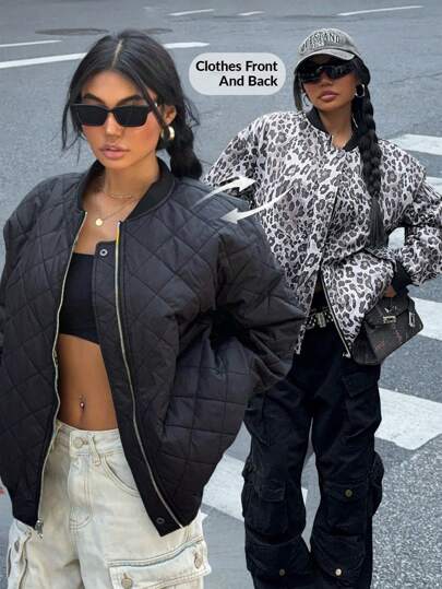 Muchica Women's 2-In-1 Leopard Print Solid Color Reversible Baseball Padded Jacket, Autumn And Winter, Suitable For Going Out