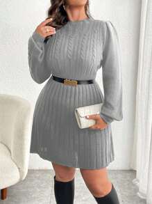 Calvaya Plus Size Solid Color Round Neck Cable Cable Elegant Long Sleeve Sweater Dress, For Winter Fall Cloth For Women - Grey - View 3