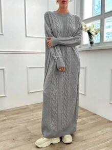 EURMUSE Women Solid Drop Shoulder Oversize Cable Knit Sweater Dress - Grey - View 4