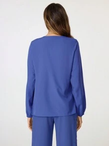 TaskEZ Women's Solid V-Neck Long Sleeve Pocket Design Casual Scrub Uniform Top - Blue - View 2