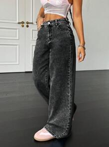 SHEIN PETITE 90s , Women's Basic Casual Loose Blue Denim Pants, Bow Jeans, Homecoming Jeans, Korean Fashion, Baggy Women Jeans, Jeans With Bow, Tall Women Jeans - Black - View 5