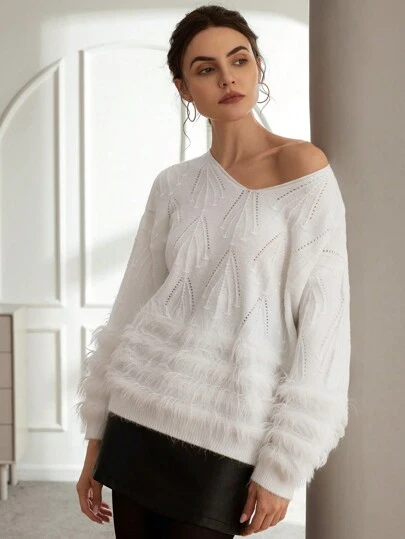 EMERY ROSE Women's Oversized V-Neck Fleece Sweater, Autumn/Winter Oversized Sweater Knit Pullover Fall