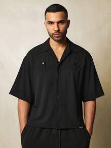 SUMWON Boxy Fit Rustic Revere Collar Shirt And Straight Fit Pant 2 Piece Set - Black - View 3