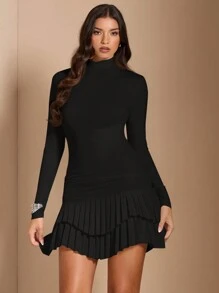 SHEIN BAE 白色纯色长袖修身迷你分层褶皱连衣裙，适合毕业舞会、鸡尾酒会、浪漫约会、秋冬分层、派对、正式聚会、晚会、伴娘礼服、万圣节礼服、圣诞节礼服 - 黑色 - 查看 7