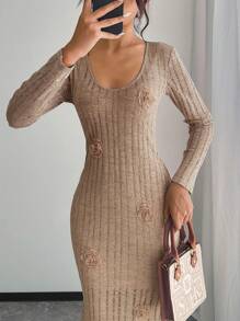 SHEIN Unity Knit Textured V-Neck Slim Fit Knee-Length Dress For Women Maxi Women Outfit Fall Cloth For Women - Khaki - View 5