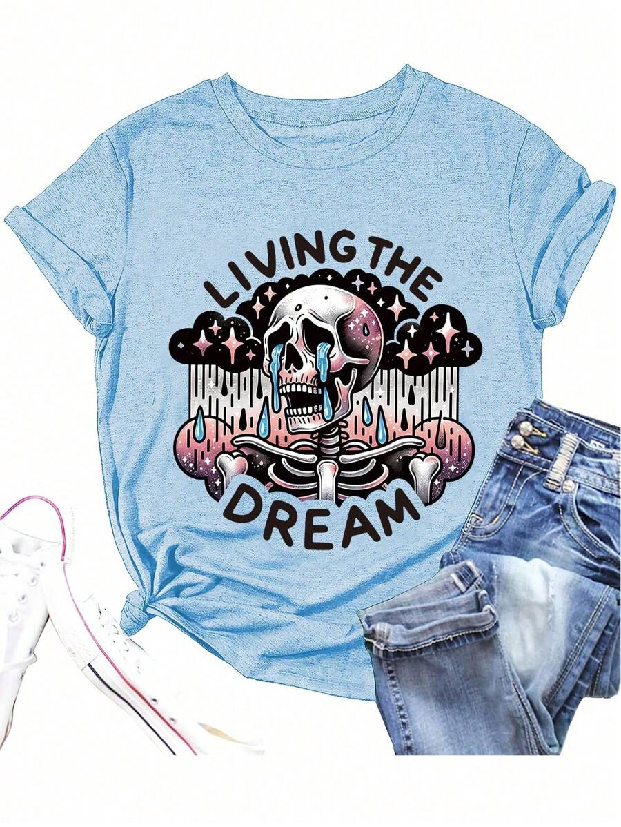 Chiquease 圆领短袖简约骷髅印花 T 恤，休闲日常穿着图案 T 恤女式上衣 - 藍色 - 查看 1