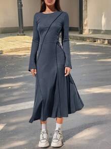 SHEIN EZwear Của phụ nữ Vòng cổ Sọc Sọc Màu thuần Váy chữ A - Xám - Xem 5