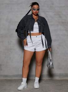 SHEIN ICON Plus Size Women Drop Shoulder Long Sleeve Single-Breasted Short Casual Denim Jacket, Autumn - Black - View 6