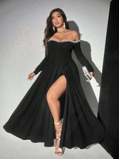 Viva Relle 大码女式仿珍珠装饰露肩长袖开衩下摆优雅连衣裙长款女装