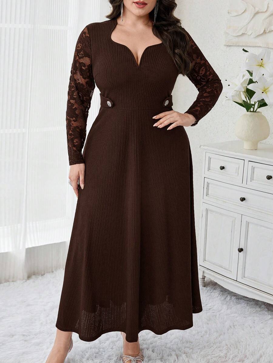 Modelyn 大码纯色蕾丝拼接 V 领优雅长袖连衣裙长款晚礼服