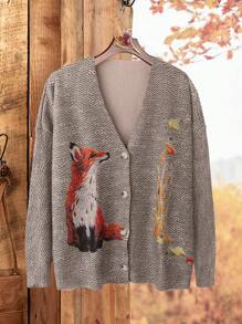 SHEIN LUNE Áo len cardigan in họa tiết cỡ lớn, giản dị và thời trang để mặc hàng ngày, cho mùa đông - Màu Khaki - Xem 1