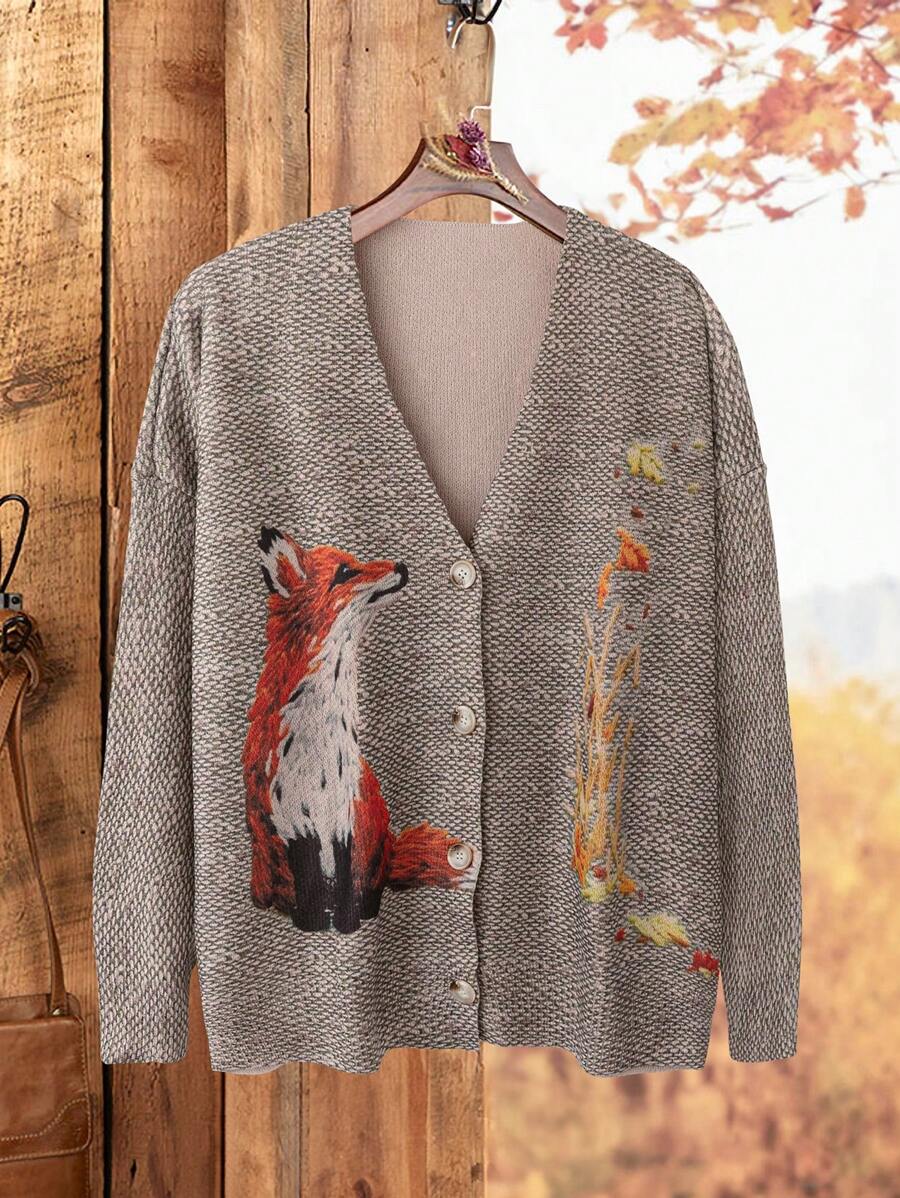 SHEIN LUNE Áo len cardigan in họa tiết cỡ lớn, giản dị và thời trang để mặc hàng ngày, cho mùa đông - Màu Khaki - Xem 1