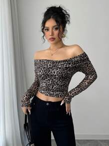 SHEIN Clasi Women's Fashion Sexy Leopard Print Sheer Off Shoulder Ruched Hollow Out Long Sleeve Blouse, Suitable For Spring - Multicolor - View 1