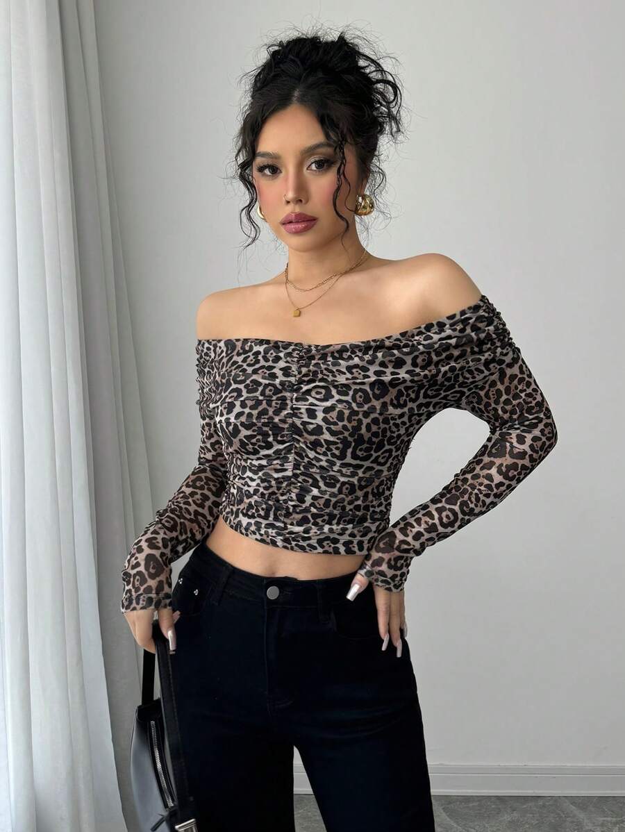 SHEIN Clasi Women's Fashion Sexy Leopard Print Sheer Off Shoulder Ruched Hollow Out Long Sleeve Blouse, Suitable For Spring - Multicolor - View 1