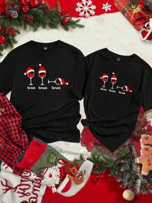 Manfinity Homme Men's Casual Christmas Santa Hat & Wine Glass Pattern Black Raglan T-Shirt ( Material), Couple Set
