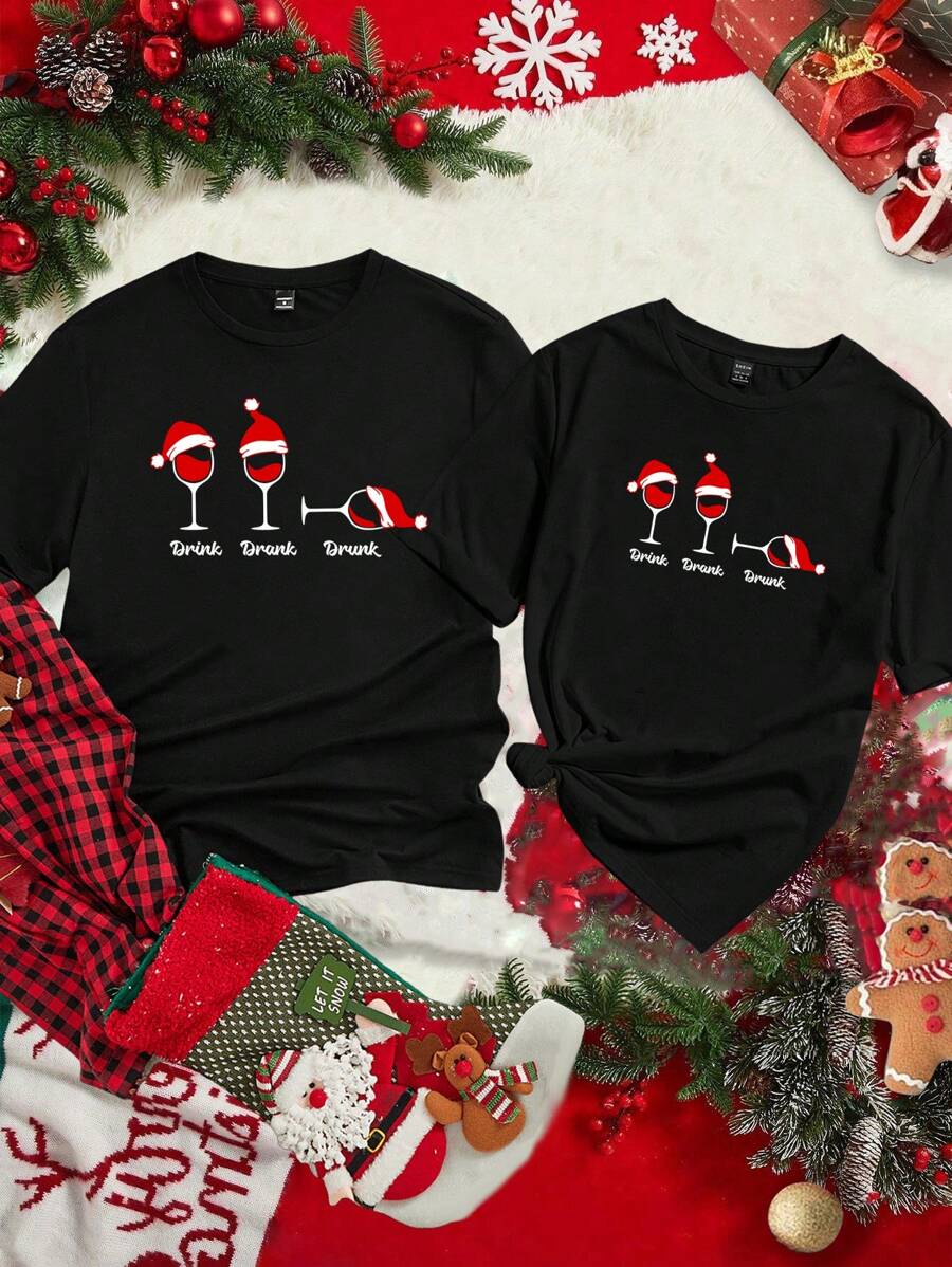 Manfinity Homme Men's Casual Christmas Santa Hat & Wine Glass Pattern Black Raglan T-Shirt ( Material), Couple Set