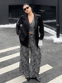 Flirla 大码三件套：长袖翻领背心和直筒裤，通勤风格，深灰色 - 彩色 - 查看 3
