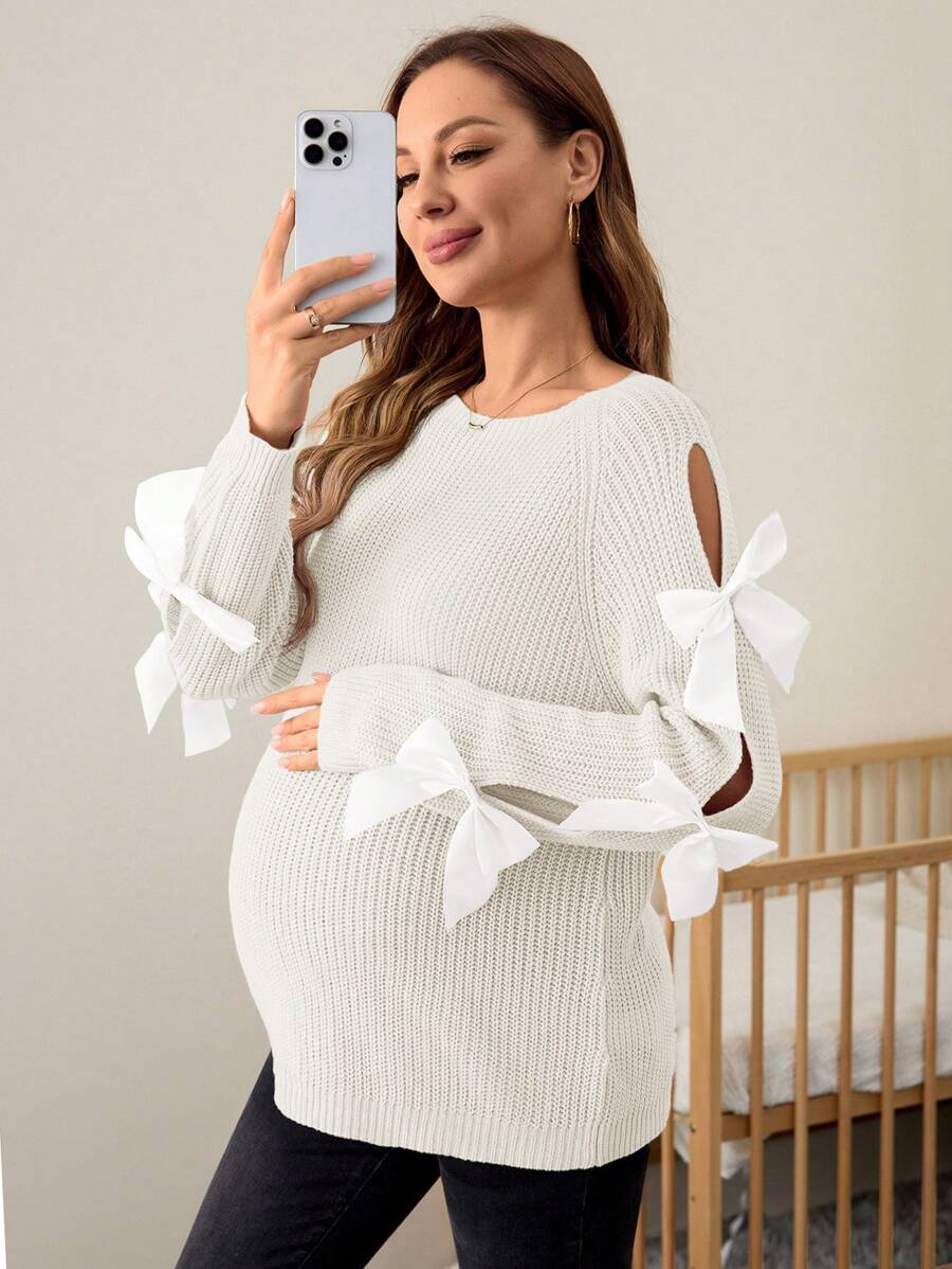 SHEIN 孕妇针织毛衣，粉色蝴蝶结长袖修身孕妇毛衣，秋冬 - 白色 - 查看 1
