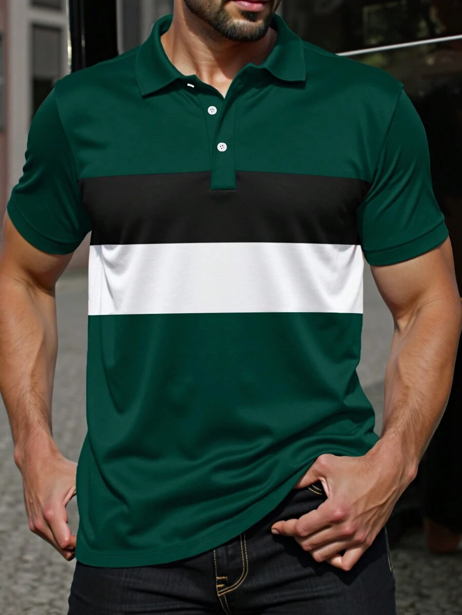 Manfinity Homme 大码男式撞色纽扣休闲百搭短袖 Polo 衫