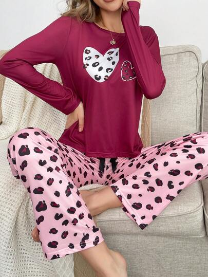 Conjunto de pijama de mujer con estampado de leopardo y diseño de corazón, ropa de otoño e invierno cómoda y elegante