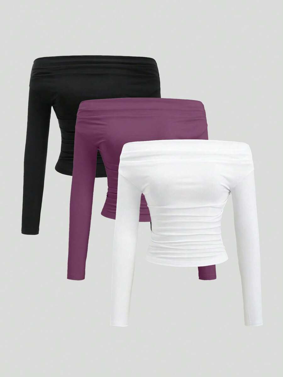 Sweetra Áo cánh hở vai dài tay màu trơn thường ngày cho nữ - Nhiều màu - Xem 1