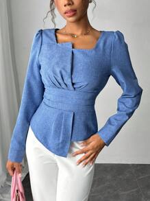 Chiquease Solid Color Asymmetrical Collar Ruffle Hem Blouse - Blue - View 5