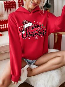 SHEIN EZwear Ocazional Crăciun Fericit, imprimeu cu fulgi de nea, cu glugă roșie, cu glugă largi, cu căptușire termică groase, haine pentru femei, potrivite pentru toamnă/iarnă și Crăciun - roșu - Vizualizare 3