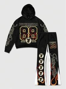 ROMWE MEN Street Life Men's Casual Letter Print Hoodie And Sweatpants Tracksuit - Black - View 1