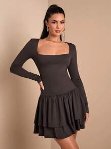 SHEIN BAE Women's Casual Simple Versatile Ruffle Hem Fitted Mini Dress, Autumn/Winter - Brown - View 3