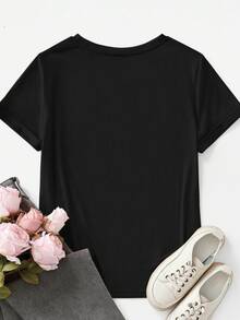 SHEIN Essnce 休闲简约心形图案圆领短袖修身大码女式 T 恤，适合夏季和感恩节 - 黑色 - 查看 2