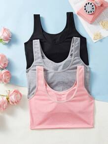 3 pièces/Set Ensemble de lingerie minimaliste décontracté avec bretelles larges de couleur unie pour adolescentes
