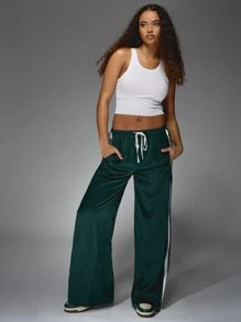 MISSGUIDED Quần ống rộng kẻ sọc tương phản bằng vải satin có dây rút - Màu xanh lá cây đậm - Xem 4