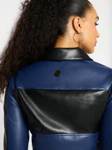 SUMWON WOMEN Faux Leather Cropped Racing Biker Zip Front Winter Streetwear Moto Club Sports Activity Performance Outerwear Warm Fashion Varsity Letterman Jacket