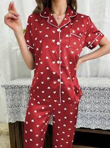 Heart Trimmed Faux Silk Short Sleeve Top & Pants Pajama Set, Vacation