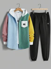 Manfinity VCAY 2 Pieces Men's Woven Slim Fit Drop Shoulder Contrast Color Splicing Long Sleeve Shirt Set, Suitable For Everyday Wear - Multicolor - View 1