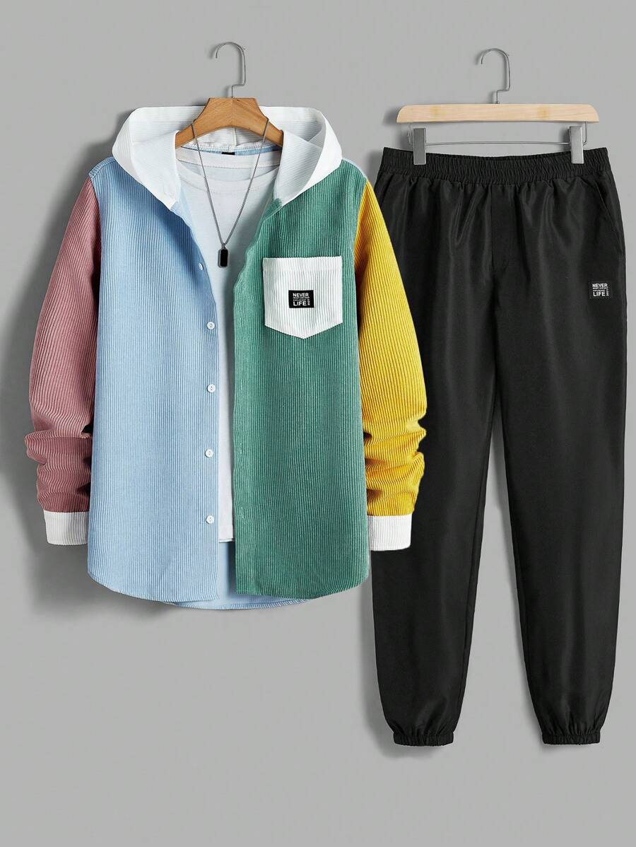 Manfinity VCAY 2 Pieces Men's Woven Slim Fit Drop Shoulder Contrast Color Splicing Long Sleeve Shirt Set, Suitable For Everyday Wear - Multicolor - View 1