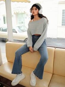 SHEIN Explorewe 2pcs Set For Teen Girls: Off Shoulder Cropped Hoodie And Straight Leg Jeans, Casual, Autumn - Grey - View 5