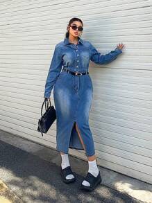 SHEIN ICON Casual Elastic Fitted Split Mini Dress - Medium Wash - View 1