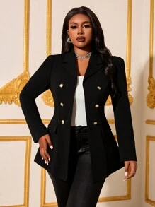SHEIN Lady 大码秋冬优雅工作办公室黑色尖头翻领羊腿袖金色纽扣长袖西装外套 - 黑色 - 查看 4