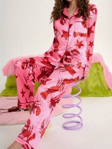 女士数码印花缎面睡衣套装 - 彩色 - 查看 3