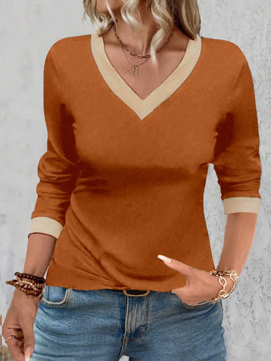 EMERY ROSE Camiseta de manga larga con cuello en V y bloques de color para mujer, versátil para camisetas gráficas de otoño y primavera - Multicolor - Ver 1