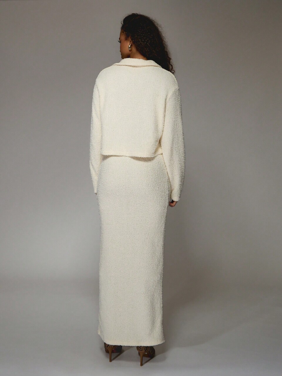 MISSGUIDED Fluffy Knit Collar Long Sleeves Top And Bodycon Maxi Skirt Two Piece Co Ord Set