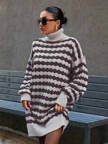 SHEIN Cottnline Knitwear Oversize Dress With Wavy Knit Pattern - Rust Brown - View 5