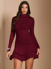 SHEIN BAE Vestido mini de manga larga, doble capa y fruncido en color bliso sólido, adecuado para graduación, baile, fiesta de cócteles, cita romántica, uso en capas, fiesta, evento formal, Halloween, Navidad - Burdeos - Ver 7