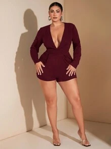 SHEIN BAE Plus Size Women's Autumn/Winter Solid Color Deep V Neck Long Sleeve Tight Fitting Sexy & Elegant Jumpsuit, Suitable For Layering, Romantic Dates, Formal Occasions, Parties, Commuting, Evening Outings - Burgundy - View 5