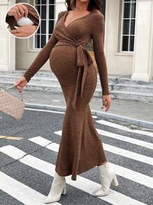 SHEIN Maternity V-Neck Tie-Up Long Sleeve Simple Casual Long Dress