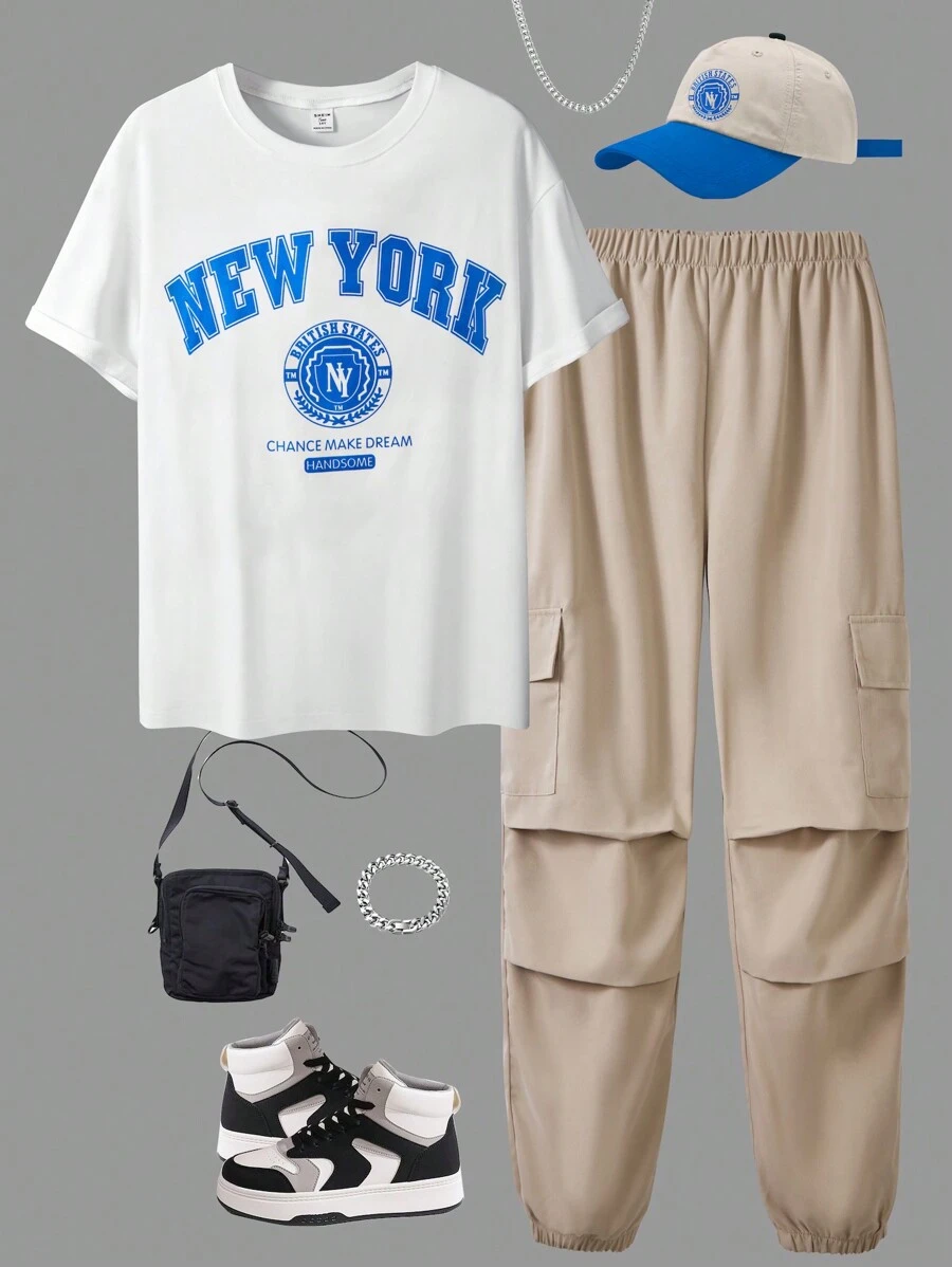 SHEIN 2pcs Set Teen Boys Letter Print Round Neck Short Sleeve Tee And Cargo Pants With Flap Pockets Casual Outfit - White - View 1