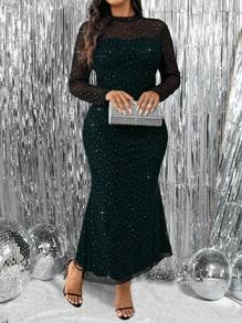 SHEIN Clasi 大码女式优雅亮片网眼绿色圣诞派对礼服，长袖修身喇叭下摆礼服，女士圣诞装长款女装 - 彩色 - 查看 1